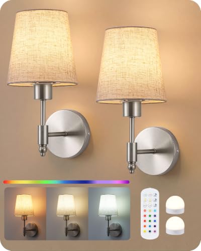 EDISHINE Wireless Wall Sconce with Remote Control, 12 RGB Colors | Set of 2 Dimmable Magnetic LED Rechargeable Wall Lamps, 3000-6500K, Timer, for Bedroom, Staircase