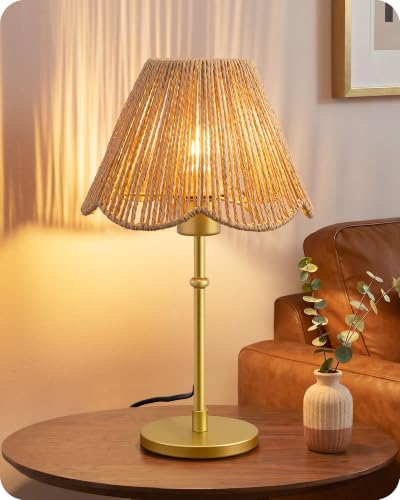 EDISHINE Table Lamp, Braided Paper Rope Lamp, Gold LED Bulb 4W 2700K Warm White Included, E27 Base, Decorative Lamp with Metal Base for Bedroom and Living Room