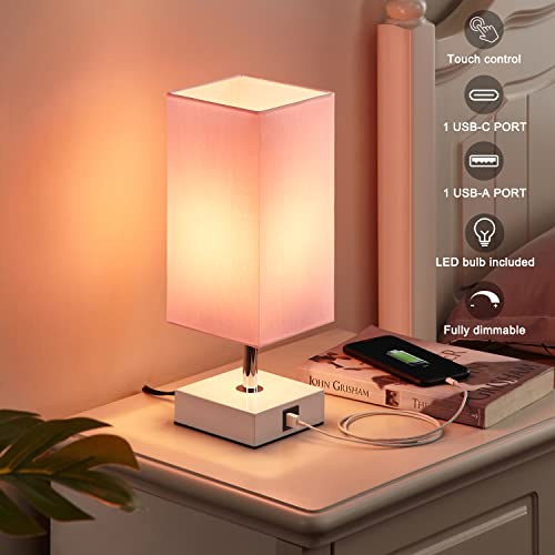 Ambimall Touch Control Table Lamp with USB A+C Charging Ports, 3 Way Touch Lamps Beside Desk, Nightstand Lamp for Bedrooms Living Room, Pink Shade with White Base, LED Bulb Included(Pink)