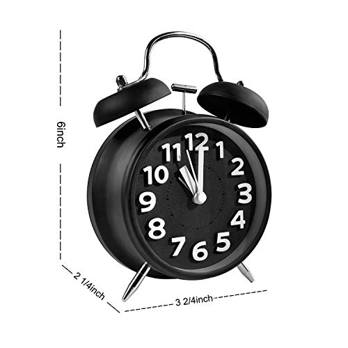 Kimdio 4'' Twin Bell Vintage Alarm Clock with Backlight, Metal Frame Stereoscopic Dial, Battery Operated Travel Clock, Desk Table Clock for Kids, Home, Office etc. (Black) - Thumbnail 5