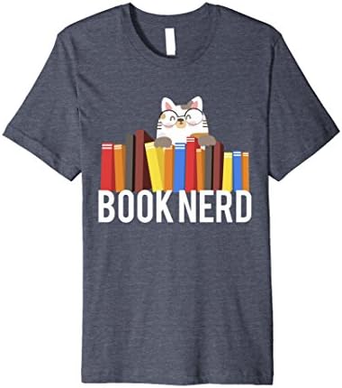 Mens Book Nerd, Cat with Glasses, Cute, Funny, Geek Tee Shirt 3XL Heather Blue