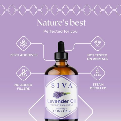 SIVA Lavender Essential Oil 4 Fl Oz – for Diffuser, Skin & Hair Care – Ideal for Massage & DIY Blends – with Dropper