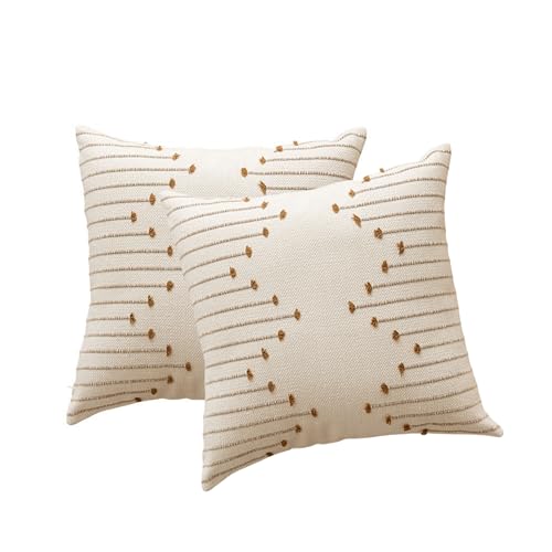 Cushion covers, Boho Throw Pillow Covers 45x45cm Set of 2, Decorative Pillows for Bed, Throw Pillows for Modern Farmhouse Couch Sofa Living Room Outdoor (Beige with Brown Line)