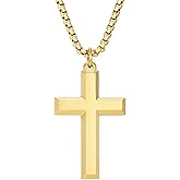 VIPV Cross Necklace for Men Silver Gold Black Stainless Steel Beveled Edge Cross Chain Pendant Christian Necklace for Men Crucifix Pendant Box Chain Length 22-24 Inch (Gold, 22 inches)