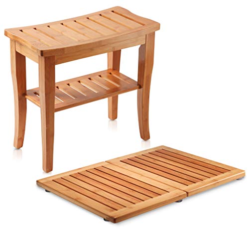 Bambsi Shower Bench and Bath Mat - Set of Bamboo Bathroom Bench ...