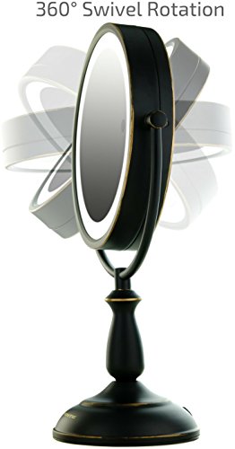 Ovente 8.5” Dual-Sided LED Lighted Makeup Mirror with Timer, Battery or Cord Operated, SmartTouch with 3 Light Tones (Cool, Warm, Natural Daylight), 1x7x Magnification, Oil-Rubbed Bronze (MPT85BZ1X7X)