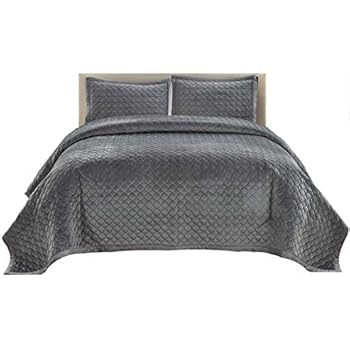 Wonder-Home 3 Piece Diamond Pattern Velvet Quilt Set, Prewashed Oversized Diamond Quilted Coverlet Set, Luxury Queen Bedding Set, Preshrunk, Grey, 92