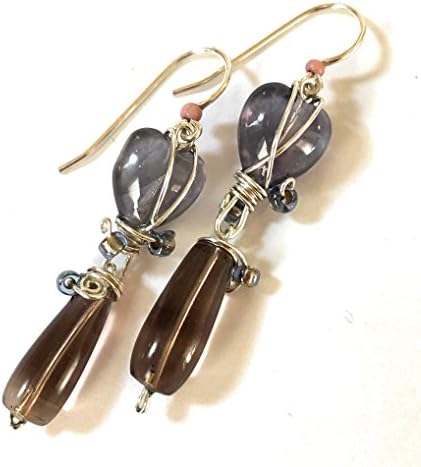 Mother's Day Purple & Amber Fluorite Sterling Silver Heart Drop Earrings - Wire Wrapped Handmade Dangle Earrings, Natural Gemstones - Mother's Day Gift, for Her, Gift for Women, Birthday Gift -OOAK