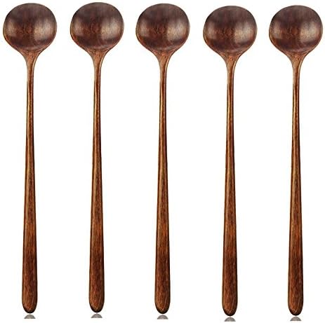Mucjun Long Spoons Wooden, 5 Pieces Korean Style 10.9 inches 100% Natural Wood Long Handle Round Spoons for Soup Cooking Mixing Stirrer Kitchen Tools Utensils (Korean Style Soup Spoon)