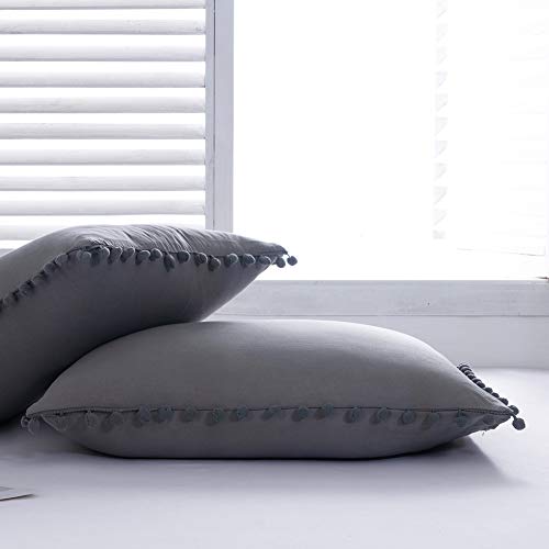 MoonxHome Pom Pom Fringe Pillowcases, Double Brushed Microfiber Pillow sham Pillow Cover Set Standard/Queen Size Light Grey