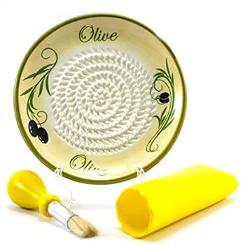 All-in-one Ceramic Garlic Grater set by- CA primeproducts -New Yellow Olive design with Garlic Peeler, Kitchen Brush, and BONUS Display Stand!