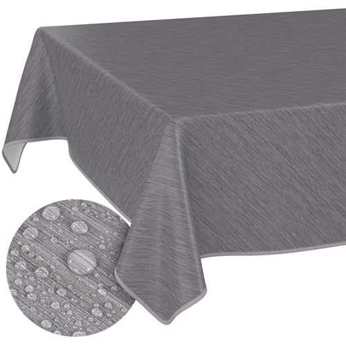 Washable Oilcloth Tablecloth 200 x 140 cm with Hem Linen Fabric Look Grey Garden Tablecloth Oilcloth