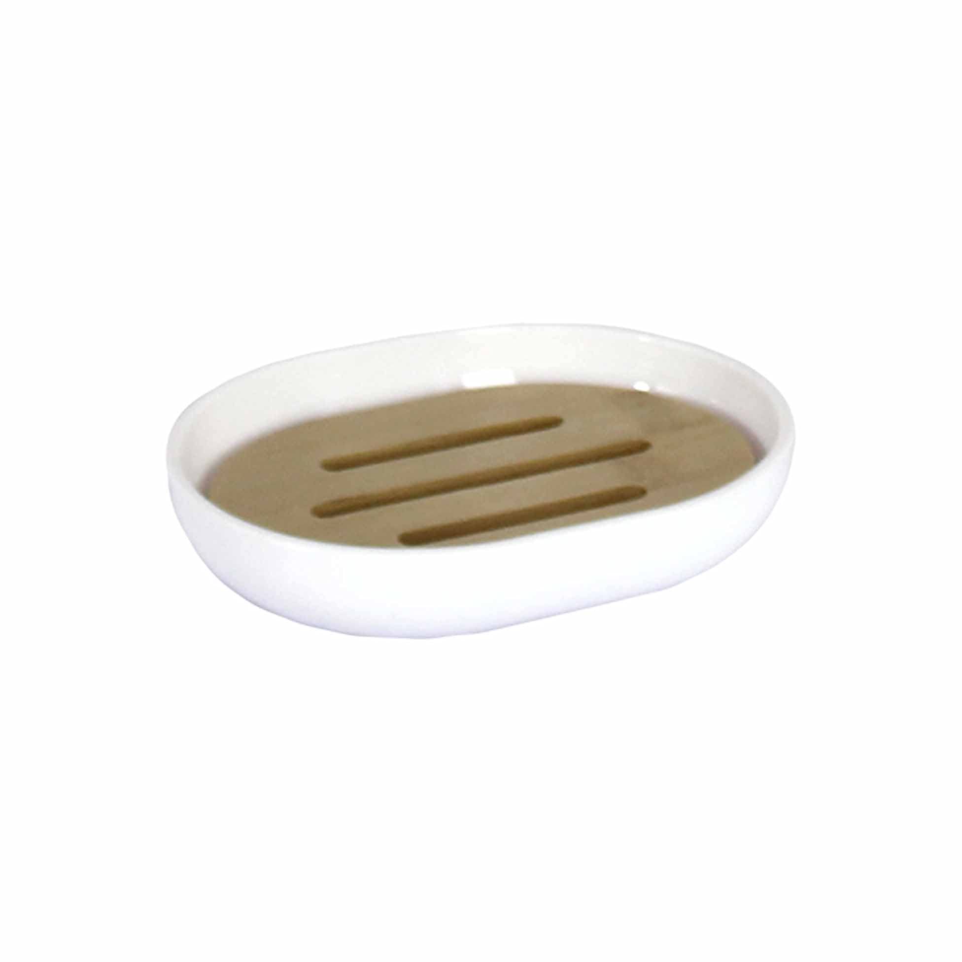 Douceur d'Intérieur 1801413 Soap Dish Polyester and Bamboo White 12.2 x 9.3 x 2.5 cm