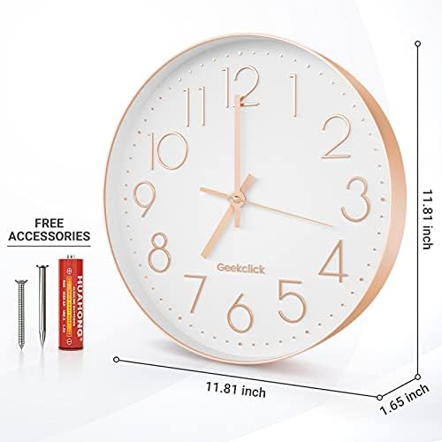 12-Inch Wall Clock with Carbon Battery - Rose Gold & White