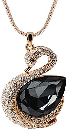 First Love Lady Long Crystal Top Grade "Sleeping Swan" Sweater Chain Pendant Necaklce(Black)