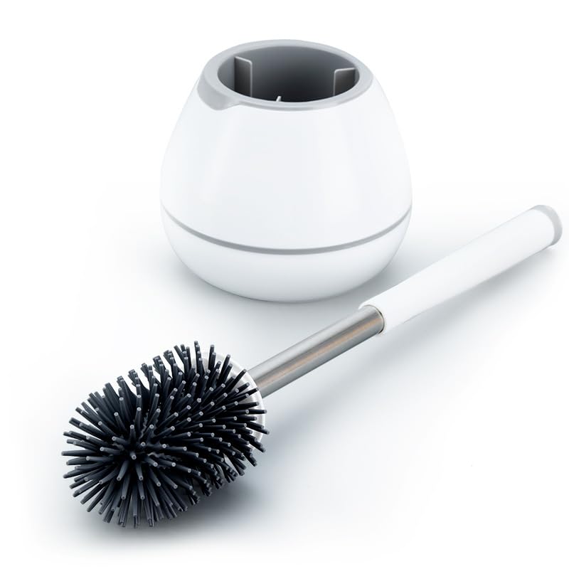 AMROAH Silicone Toilet Brush and Holder Set with Long Handle for Bathroom, Compact Cleaner Brush Toliet Bowl Floor Standing Plastic for Deep Cleaning Scrubber Under Rim