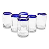 NOVICA Artisan Crafted Hand Blown Clear Blue Rim Recycled Glass Juice Glasses, 14 oz. 'Classic' (set of 6)