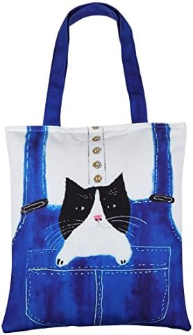 LucyGod Women Big Canvas Tote Shoulder Handbag Zipper Top Handle Cross-body Purse Casual Book School Bag - Perfect for Shopping Office Travel Weekend - 14.96"ˣ14.17" (Blue, Cool Cat)