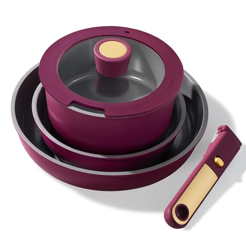 CAROTE Ceramic Pots and Pans Set, Nonstick Cookware Set Detachable Handle, 6pcs Induction Kitchen Cookware Sets Non Stick with Removable Handle, RV Cookware Set, Oven Safe, Purple Image