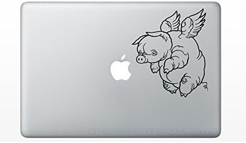 When Pigs Fly Flying Fat Pig with Wings (BLACK) MacBook Laptop Vinyl Decal Sticker Swine Window Car Wings Angel Hog Farm Animal Stuffed Bacon Ham