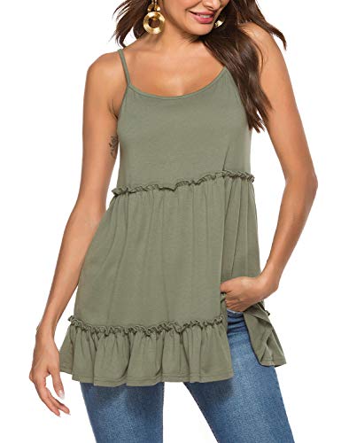 Womens Casual Ruffle Cami Summer Spaghetti Strap Tank Sleeveless Peplum Tops Army Green XL