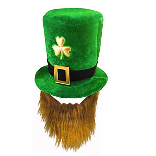 St.Patrick's Day Top Hat Irish Green Shamrock Leprechaun Adult Costume Decoration Trend Irish St. Patrick's Day Shamrock Hat with Beard Unisex Hat Beard