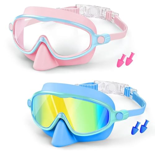 ORCHID M® 2 Pack Kids Swim Goggles with Nose Cover, Wide View Anti-Fog UV Protection Swimming Mask for Boys Girls Ages 3-14