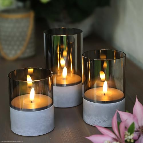 hellum LED Candles with Timer Function, Set of 3 LED Pillar Candles Outdoor, Flickering Flame, Grey, Diameter 8 cm, Heights 10/12.5/15 cm, 6 Hour Timer, Battery Operated (6 x AA, Not Included) 151992