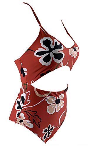 Agreya Women\'s high Slit Halter Back one-Piece Swimsuit (Rusty red Flowers, XL)