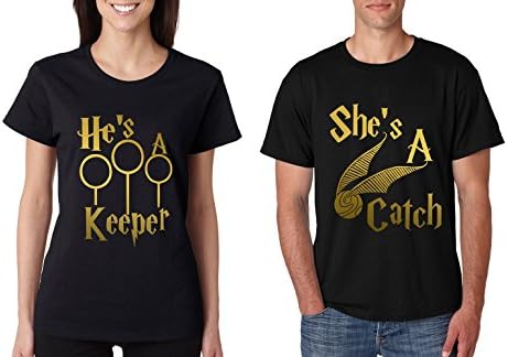 Allntrends Couple T Shirt She's A Catch He's A Keeper Love Gift (Womens XL Mens L, Black)
