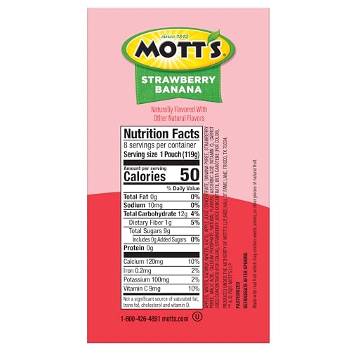 MOTT’S FRUIT SMOOTHIES STRAWBERRY BANANA, 4.2 OZ CLEAR POUCHES, 8 PACK, NON-DAIRY, MADE WITH OATMILK, MADE WITH REAL FRUIT, GOOD SOURCE OF CALCIUM, ON-THE-GO