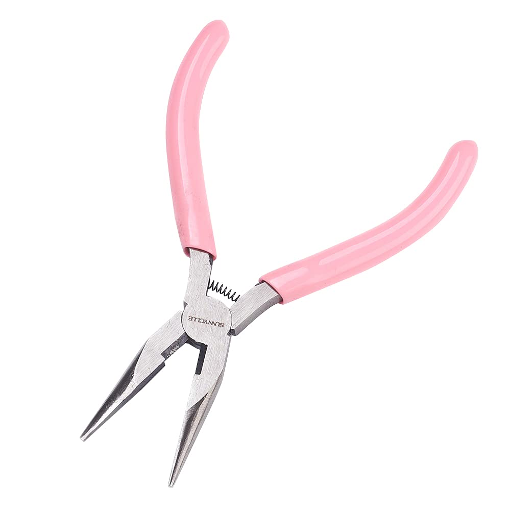 SUNNYCLUE 5 Inch Long Chain Nose Pliers Mini Precision Non-Serrated Jaw Pliers for DIY Jewelry Making Hobby Projects, Pink