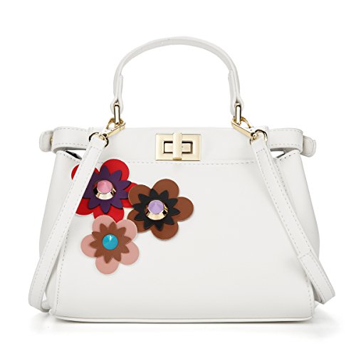 Women Handbag Tote Purses Shoulder Bag PU Leather 3D Flower Crossbody Bags By Celsino (White)