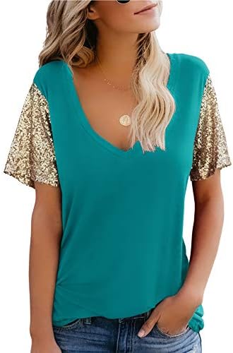 Sequin Short Sleeve Tee V Neck 