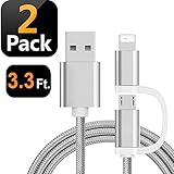 Dimco 2 in 1 USB Charging Cable - Compatible with Lightning cable iPhone charger - Micro USB cable Android charger - works with iOS Android Devices - Nylon Braided Phone Charger Cord - 2 Pack (3.3 ft)
