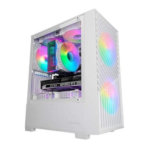 Mars Gaming MC-VORTEX, MicroATX Gaming Case, Geometric Mesh Front, Tempered Glass Side Panel, 3x 120mm FRGB Rainbow Fans, Compact Dual-Chamber Design PC Mini Tower, White