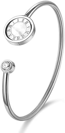 ZINDOV Jewelry Ultra Lightweight Roman Numerals Bracelet in Stainless Steel with Crystal and Shell Bangle Great for Women Teen Girls,Color Tone Silver