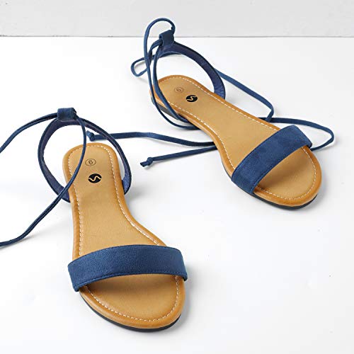 Rekayla Open Toe Tie Up Ankle Wrap Flat Sandals for Women Navy Blue 09