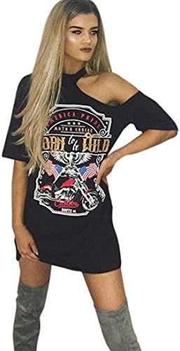 SHOBDW Women Womens Dresses, Vintage Off Shoulder Rock Style Long T-Shirt Mini Dress