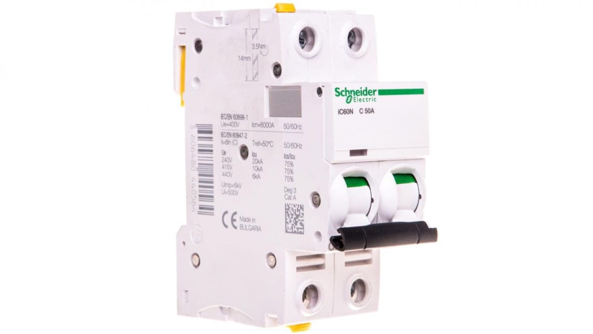 Schneider Electric iC60N MCB Circuit Breaker Type C, 2-Pin 50A 440V, Breaking Capacity 6 kA Acti 9