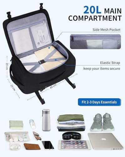 Sac à Dos Cabine Ryanair 40x20x25 pour Avion sous Siège, Sac à Dos Ordinateur 14 Pouces Imperméable, Sac de Voyage en Pet Recyclé pour Femme et Homme, Bagage Cabine Compact, Noir