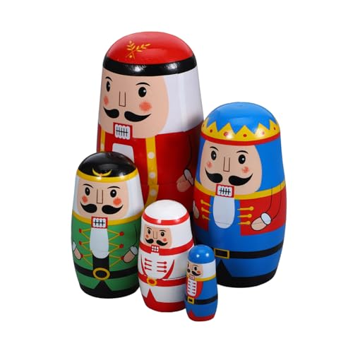Beaupretty Hand Painted Wooden Nutcracker Russian Nesting Dolls Matryoshka Doll with Bright Christmas Patterns Handmade Decorative Gift and Collectible for Holiday Home Display