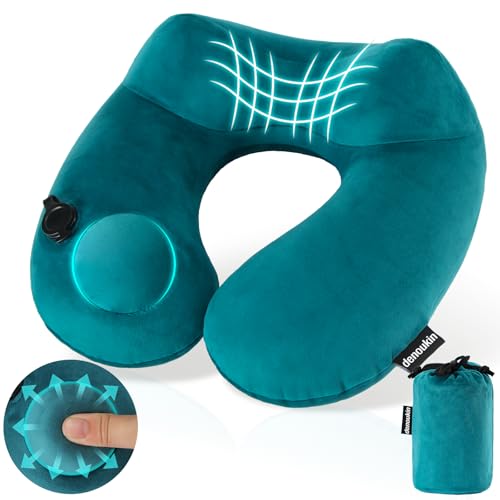 denoukin Inflatable Neck Pillow for Travel with Built-in Pump, Ergonomic Contour Support, Soft Plush Cover & Carry Pouch, Compact for Airplane, Car, Train Sleeping, Lake Blue
