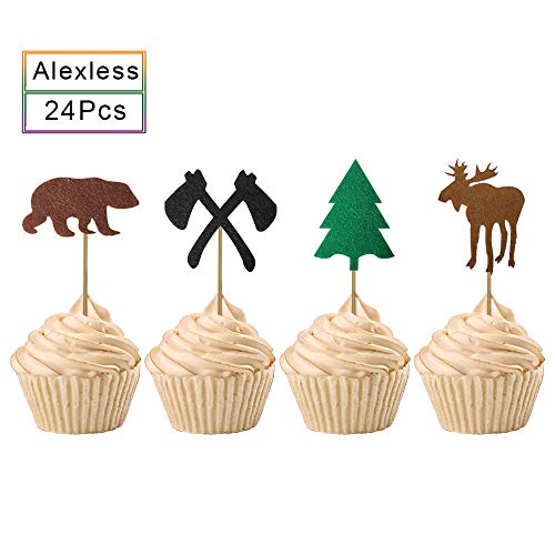 Alexless 24pcs Lumberjack Camping Theme Cupcake Toppers Bear Elk