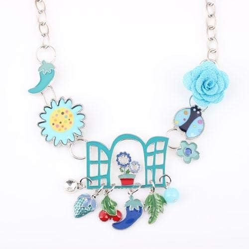Statement Necklace Window Enamel Flower Alloy Long Chain Pendants Jewelry For Women Charm Collares Accessories Metal Color : AN048GREEN