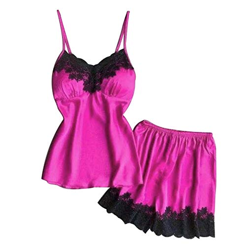 Hivot Women Lingerie Sexy Sling Temptation Underwear Babydoll Lace Satin Cami Sleepwear Nightwear Tops+Pants Hot Pink