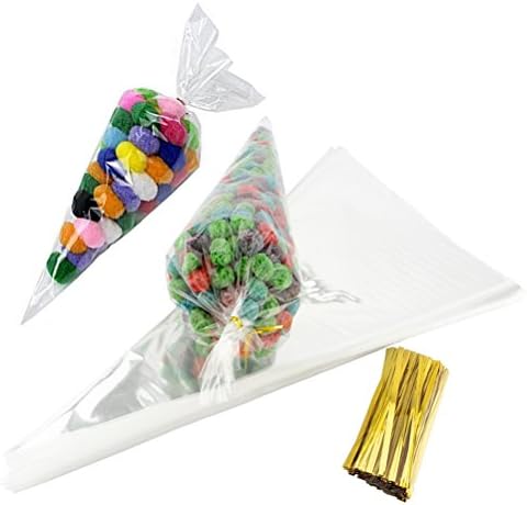 JCX 100pcs Clear Cone Shaped Treat Bags with Twist Ties for Cookie Candy Gift Cellophane Bags