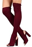 So Me Kristy Thigh High Over Knee Stretchy Suede Open Toe Block Chunky Heel Boot Wine