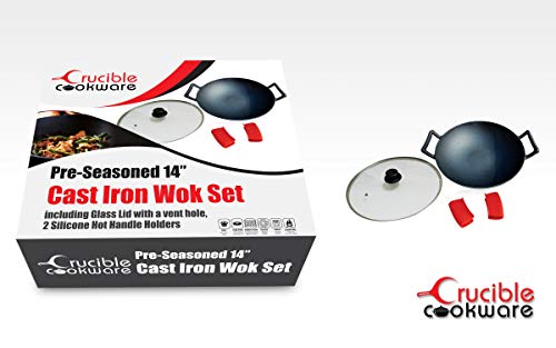 14-Inch Cast Iron Wok Set (Pre-Seasoned), Glass Lid & Silicone Hot Handle Holders
