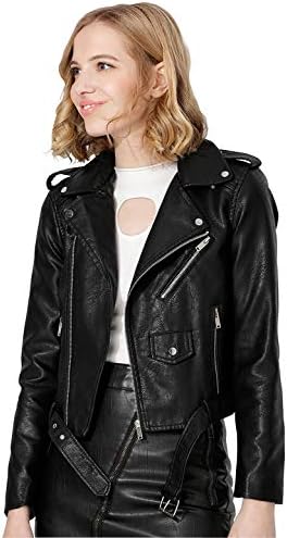 Jhichic Women's Faux Leather Textured Short Moto Jacket Zip-up